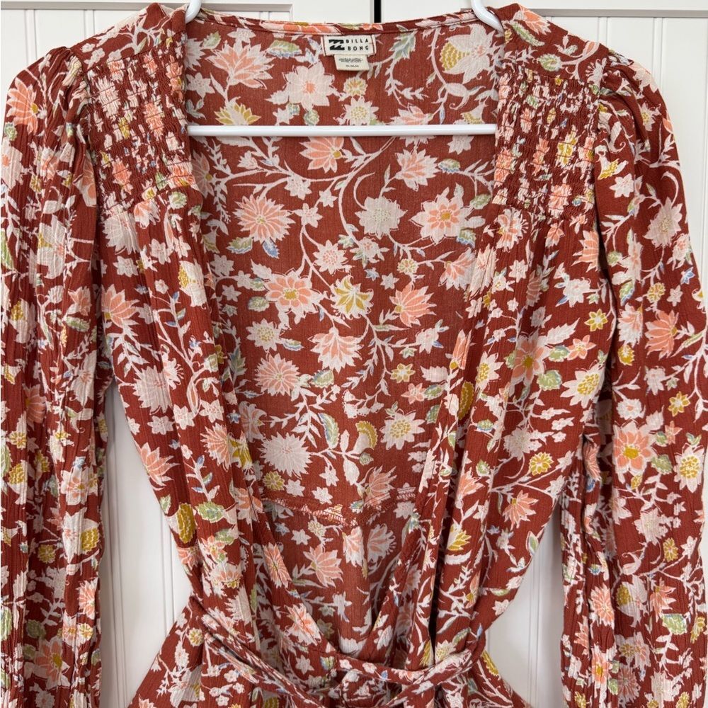 Billabong Rust Floral Wrap Midi Dress - Size Medium - Picture 4 of 8